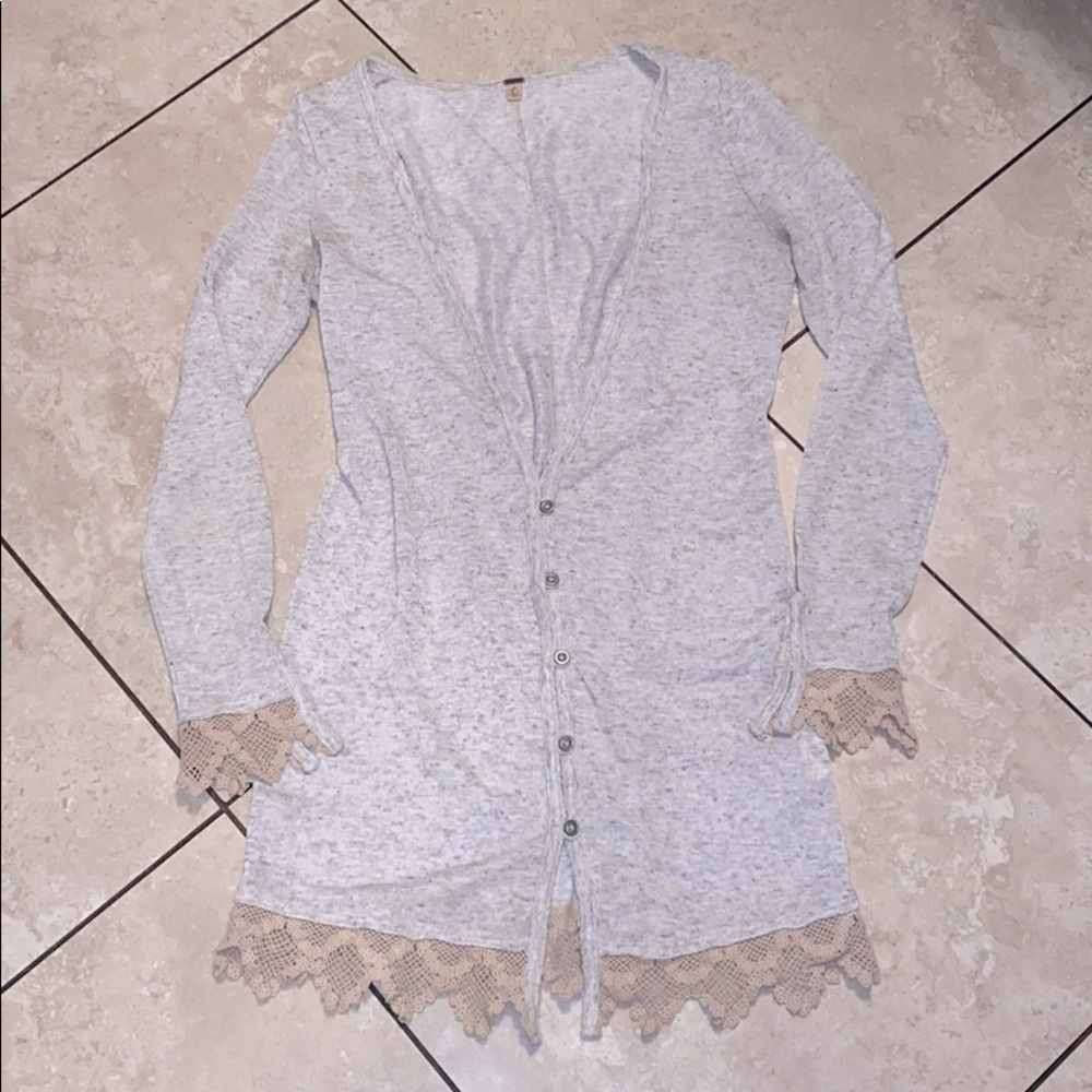 Free People button down lace trim long cardigan